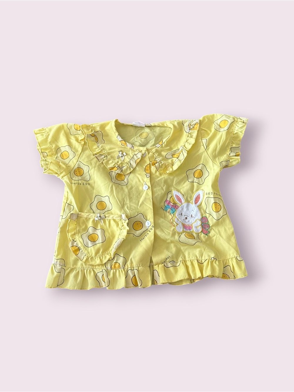 Vintage Kids Yellow Bunny And Eggs Print Ruffle S/S Button Front Top Size Small